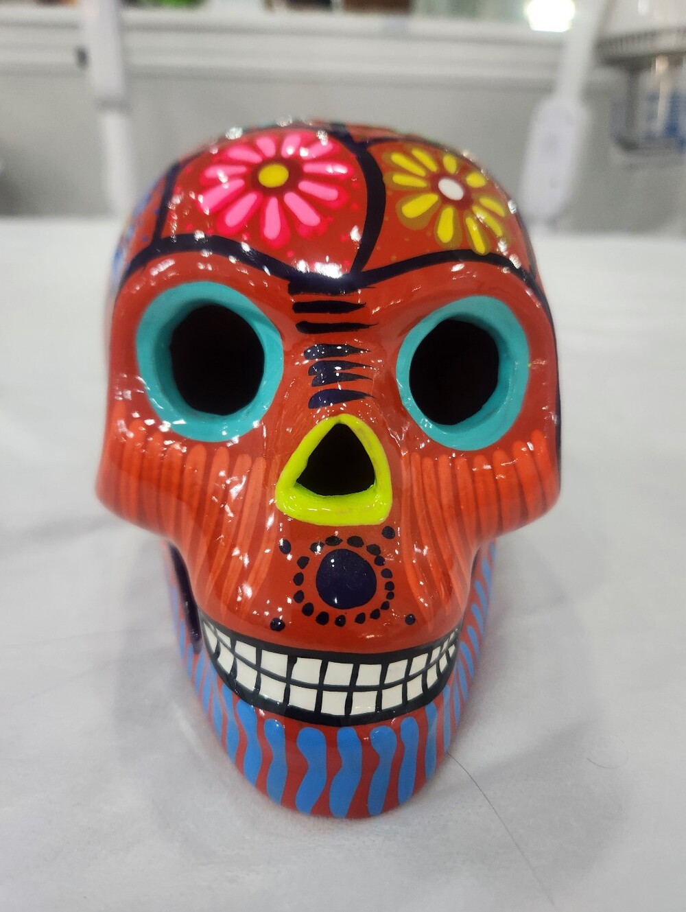 Hand-Painted Orange Decorative Sugar Skull - Home Art